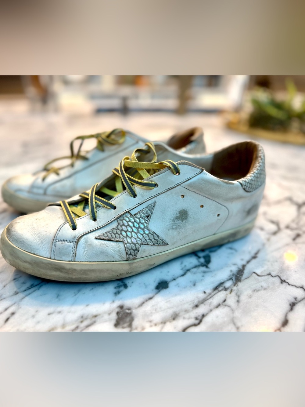 Golden Goose Super-Star White Leather Sneakers with Pink Tongue Tag, Sz 41